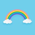 Isolated cartoon rainbow with clouds on the blue background. Paper art style. Minimal and clean design.