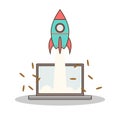 Isolated cartoon rocket and laptop online start up