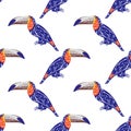 Isolated cartoon seamless pattern with bright navy blue toucan shapes. White background