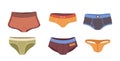 Isolated cartoon set of colorful cotton man underpants, textile bikini, strings and brief boxers