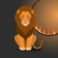 Isolated cartoon sitting lion near flaming hoop on black background. Colorful sad lion. Wild animal personage. Problem of