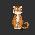 Isolated cartoon sitting orange tiger on black background. Colorful sad tiger. Wild animal personage. Flat design