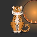 Isolated cartoon sitting orange tiger near flaming hoop on black background. Colorful sad tiger. Wild animal personage. Problem of