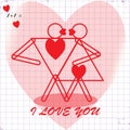 Isolated cartoon sketchy vector image of a man and a woman on the background of a heart and text I love you.