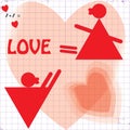 Isolated cartoon sketchy vector image of a man and a woman on the background of a heart and text Love.