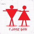 Isolated cartoon sketchy vector image of man and woman holding hands and text I love you.