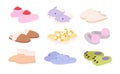 Isolated cartoon slippers. Home slipper for kids, fluffy winter footwear collection. Warming house accessories, adult