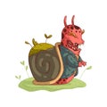 Laughing humanized garden snail with grassy shell wearing a jacket