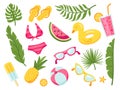 Isolated cartoon summer elements. Beach objects, pool party tropical collection. Seaside accessories, swimwear