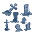 Isolated cartoon tombstones. Broken cemetery crosses and gravestones. Scary gothic graveyard. Ancient crypt arts Royalty Free Stock Photo