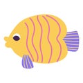 Isolated cartoon yellow marine fish with pink stripes in hand drawn flat style