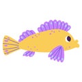 Isolated cartoon yellow marine fish with purple blobs in hand drawn flat style