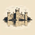 Isolated Castle In Water: Vintage Poster Style Illustration Royalty Free Stock Photo