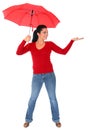 Isolated Caucasian Woman In Red Holding Umbrella Royalty Free Stock Photo