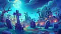 An isolated cemetery landscape with RIP inscription at night, cartoon modern illustration of gravestones with crosses Royalty Free Stock Photo