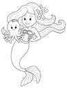 Isolated character, mermaid with octopus. Vector illustration, page coloring book.