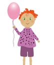 Isolated character redhead curly toddler boy in purple suit launches pink ball