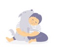 Isolated of a child boy hugging a dog, therapy dog concept. Flat vector illustration Royalty Free Stock Photo