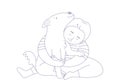 Isolated of a child boy hugging a dog, therapy dog concept. Outline vector illustration Royalty Free Stock Photo