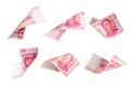 Isolated of 100 China renminbi Yuan banknote currency flying collection on white background. China have high economic growth and Royalty Free Stock Photo