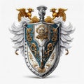 Isolated Chivalric Emblem Concept. Medieval Knight Coat of Arms On White Background. Old Symbols of Armour and Weaponry