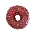 Isolated chocolate donut with pieces of dried raspberries.