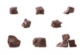 Dark broken chocolate pieces set isolated on white background