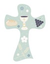 Christian cross with chalice grapes bread and wheat ear. Religious sign. pastel green background Royalty Free Stock Photo