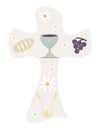 Christian cross with chalice grapes bread and wheat ear. Religious sign. pastel grey background Royalty Free Stock Photo