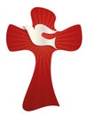 Isolated Christian cross with light rays and white dove on red background Royalty Free Stock Photo