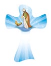 Isolated Christian cross whit nativity scene. Rays on blue background