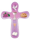 Christian cross symbols - white chalice, grapes, bread, bible, dove, candle, ears of wheat on pink background Royalty Free Stock Photo