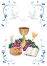 Isolated Christian symbols with golden chalice-bread-bible-grapes-candle-where-ears of wheat-blue ornaments flower and butterflies