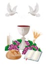 Isolated Christian symbols with white chalice, bread, bible, grapes, candle, dove, ears of wheat