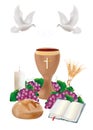 Isolated Christian symbols with wooden chalice, bread, bible, grapes, candle, dove, ears of wheat