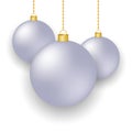 Isolated christmas balls silver color on a white background. Festive silver christmas balls hanging on gold chains on a white Royalty Free Stock Photo