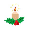 Isolated Christmas burning candle with mistletoe