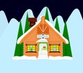Isolated christmas chalet, cottage on night in forest in mountains. Flat. Vector