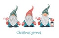 Isolated Christmas gnomes with lollipop and lantern with candle. Vector