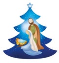 Isolated christmas tree nativity scene with holy family on blue background