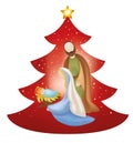 Isolated christmas tree nativity scene with holy family on red background Royalty Free Stock Photo