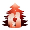 Isolated Christmas tree nativity scene with holy family. Silhouette profile on red background