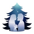 Isolated Christmas tree nativity scene with holy family. Silhouette profile whit Joseph - Mary and baby Jesus on blue background Royalty Free Stock Photo