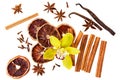 Isolated cinnamon sticks, vanilla and dry citrus slice on white background. Ingredients spice for Christmas mulled wine