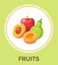 Natural fresh fruits icons, red apple, green pear, cutted apricot, sweet dessert, organic products Royalty Free Stock Photo