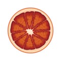 Isolated circle of juicy red color bloody orange on white background. Realistic colored round slice. Royalty Free Stock Photo