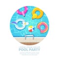 Isolated circle swimming pool, vector cartoon illustration. Summer poster, banner layout.