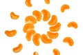 Isolated citrus segments. Collection of tangerine, orange and other citrus fruits peeled segments isolated on white background wit Royalty Free Stock Photo