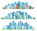 Isolated cityscape. City street, abstract urban and horizontal town landscape panorama cartoon vector illustration set