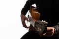 Isolated classical guitar and guitarist`s hands up close on a white background Royalty Free Stock Photo